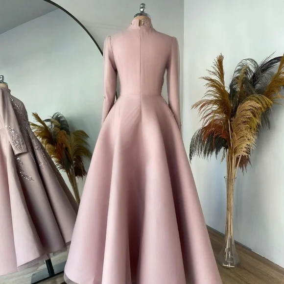 Blush Pink Long Sleeve Beaded A-Line Dress - Picture 2 of 4